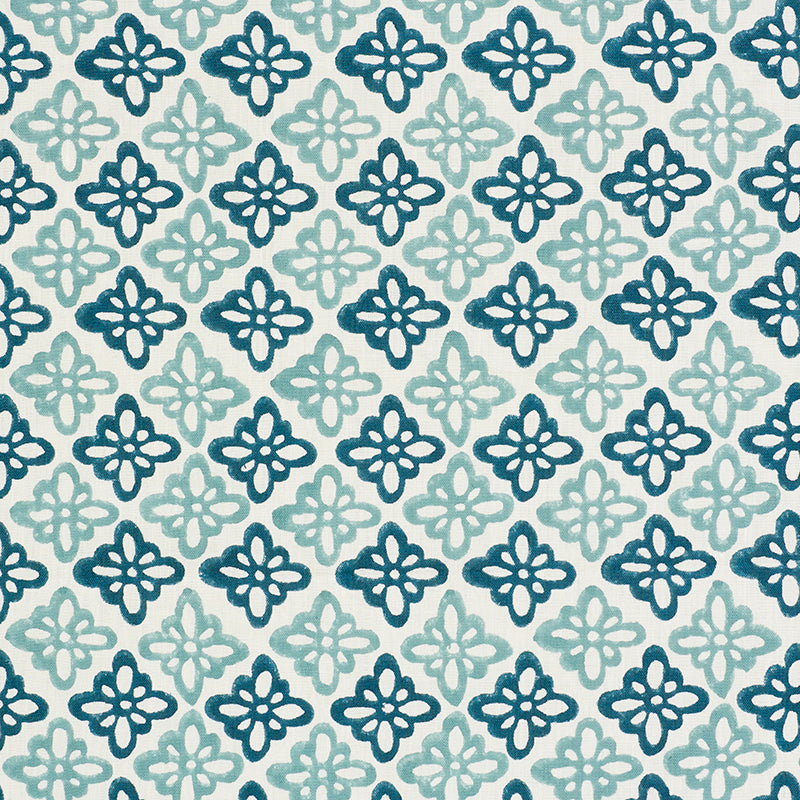 Schumacher Pattee Hand Block Print Blue Fabric - Eade's Wallpaper
