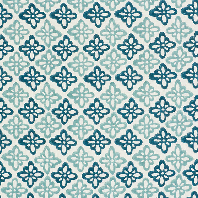 Schumacher Pattee Hand Block Print Blue Fabric - Eade's Wallpaper