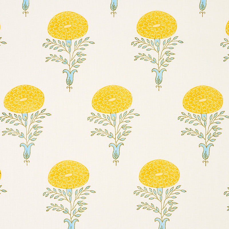 Schumacher Marigold Hand Block Print Yellow Fabric - Eade's Wallpaper