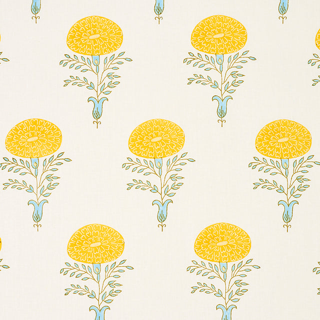 Schumacher Marigold Hand Block Print Yellow Fabric - Eade's Wallpaper
