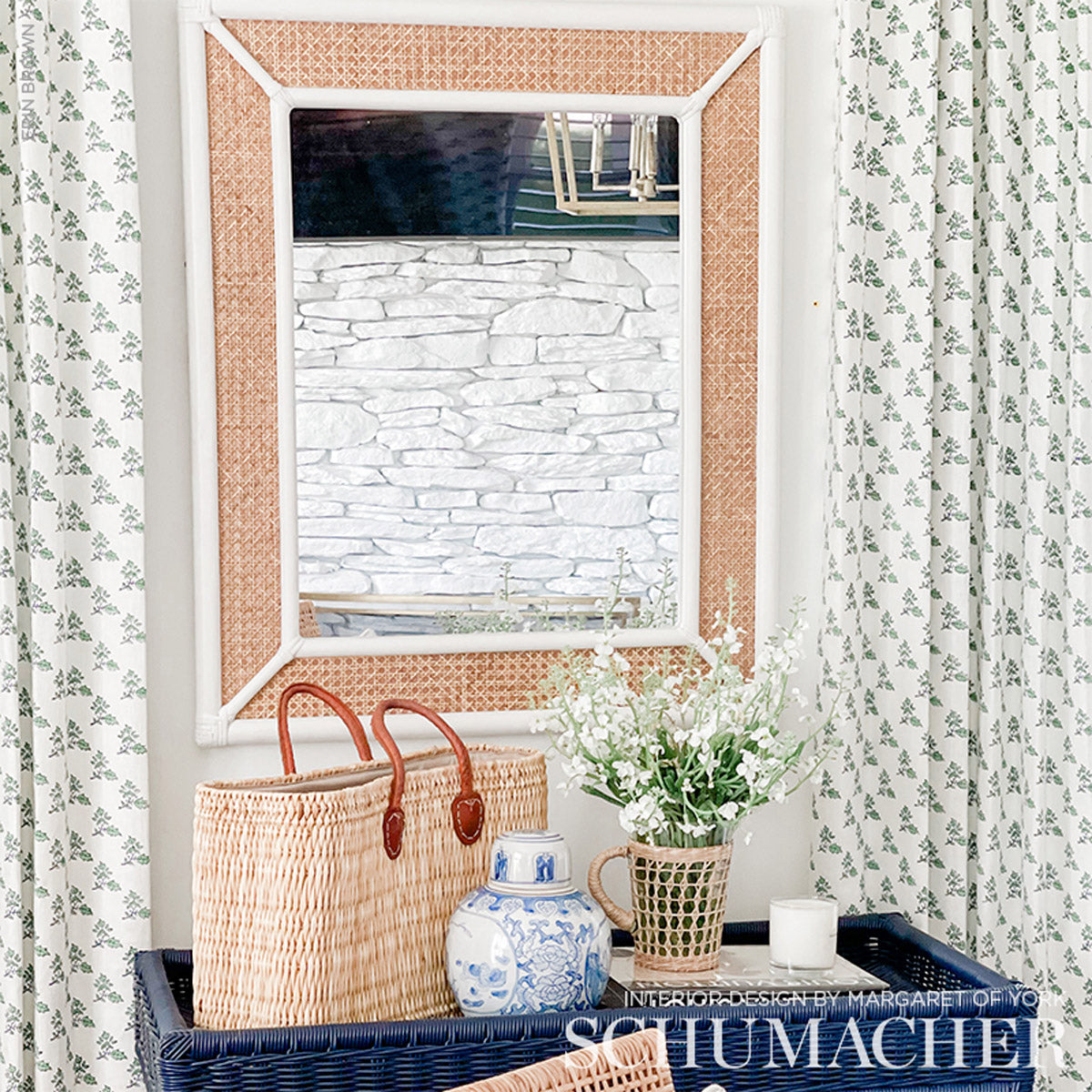 Schumacher Torbay Hand Blocked Print Green Fabric - Eade's Wallpaper