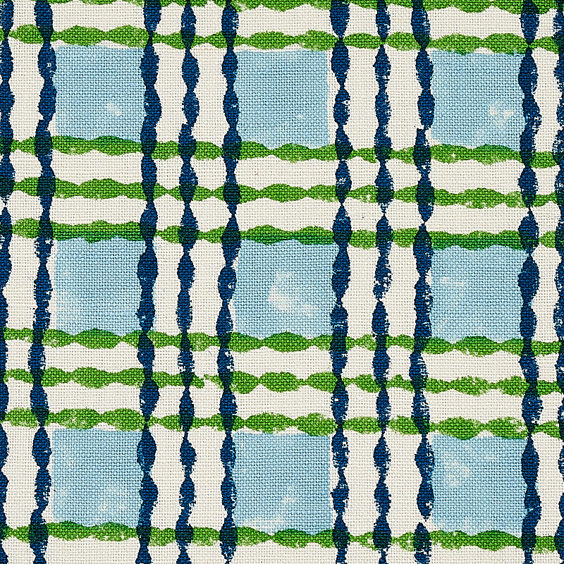 Schumacher Trellis Hand Block Print Sky & Grass Fabric - Eade's Wallpaper