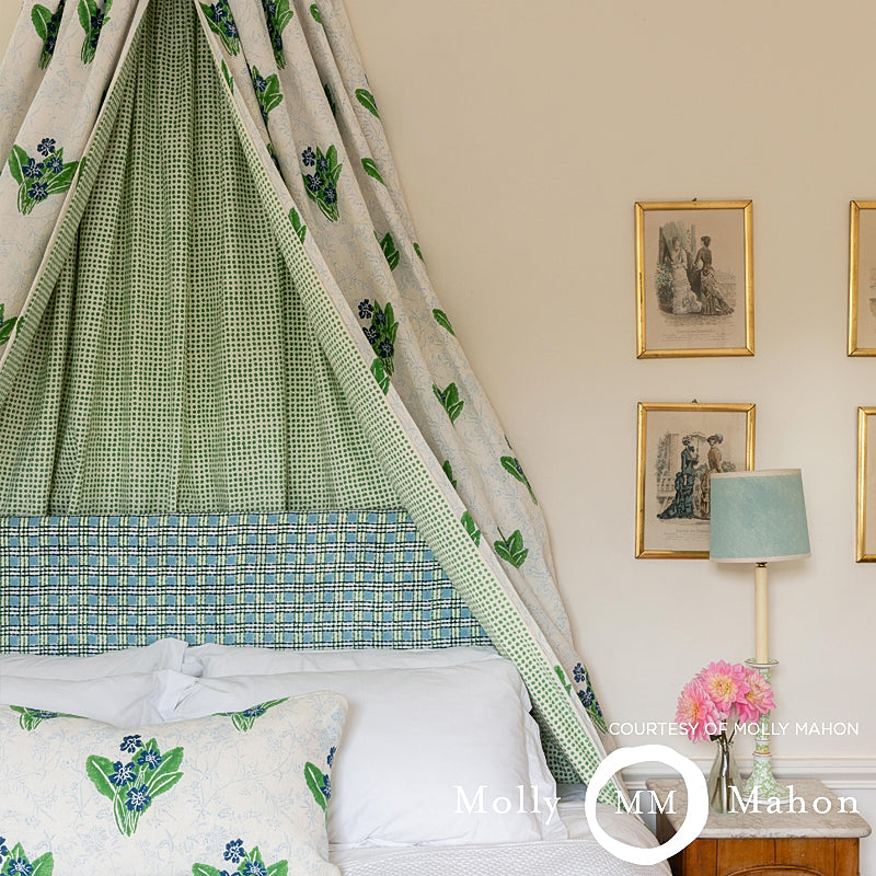 Schumacher Trellis Hand Block Print Sky & Grass Fabric - Eade's Wallpaper