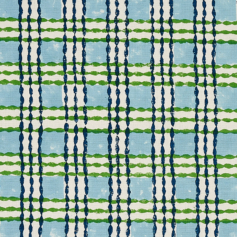 Schumacher Trellis Hand Block Print Sky & Grass Fabric - Eade's Wallpaper
