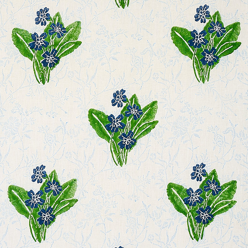 Schumacher Primrose Hand Block Grass & Sky Fabric - Eade's Wallpaper