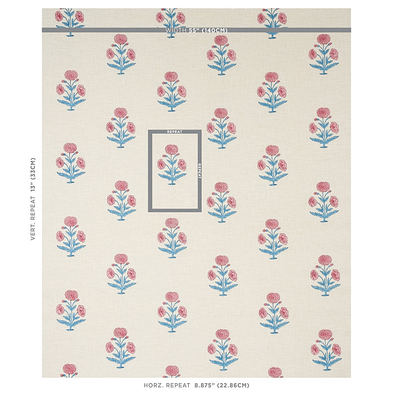 Schumacher Poppy Hand Block Print Rose & Sky Fabric