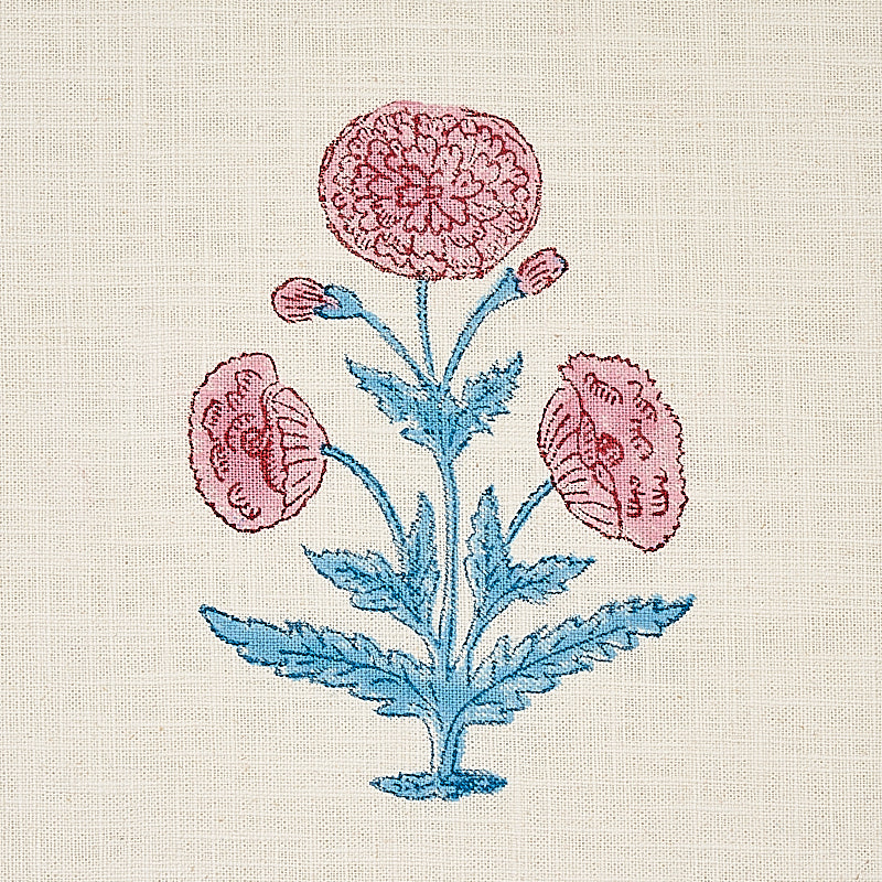 Schumacher Poppy Hand Block Print Rose & Sky Fabric