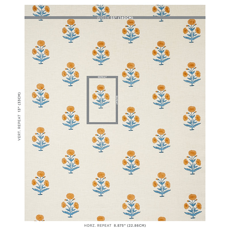 Schumacher Poppy Hand Block Print Mustard & Sky Fabric - Eade's Wallpaper