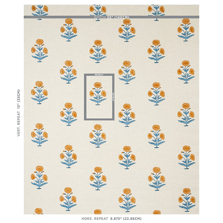 Schumacher Poppy Hand Block Print Mustard & Sky Fabric - Eade's Wallpaper