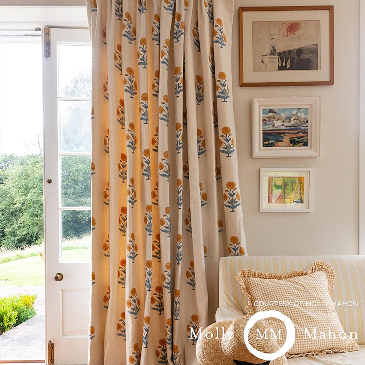 Schumacher Poppy Hand Block Print Mustard & Sky Fabric - Eade's Wallpaper