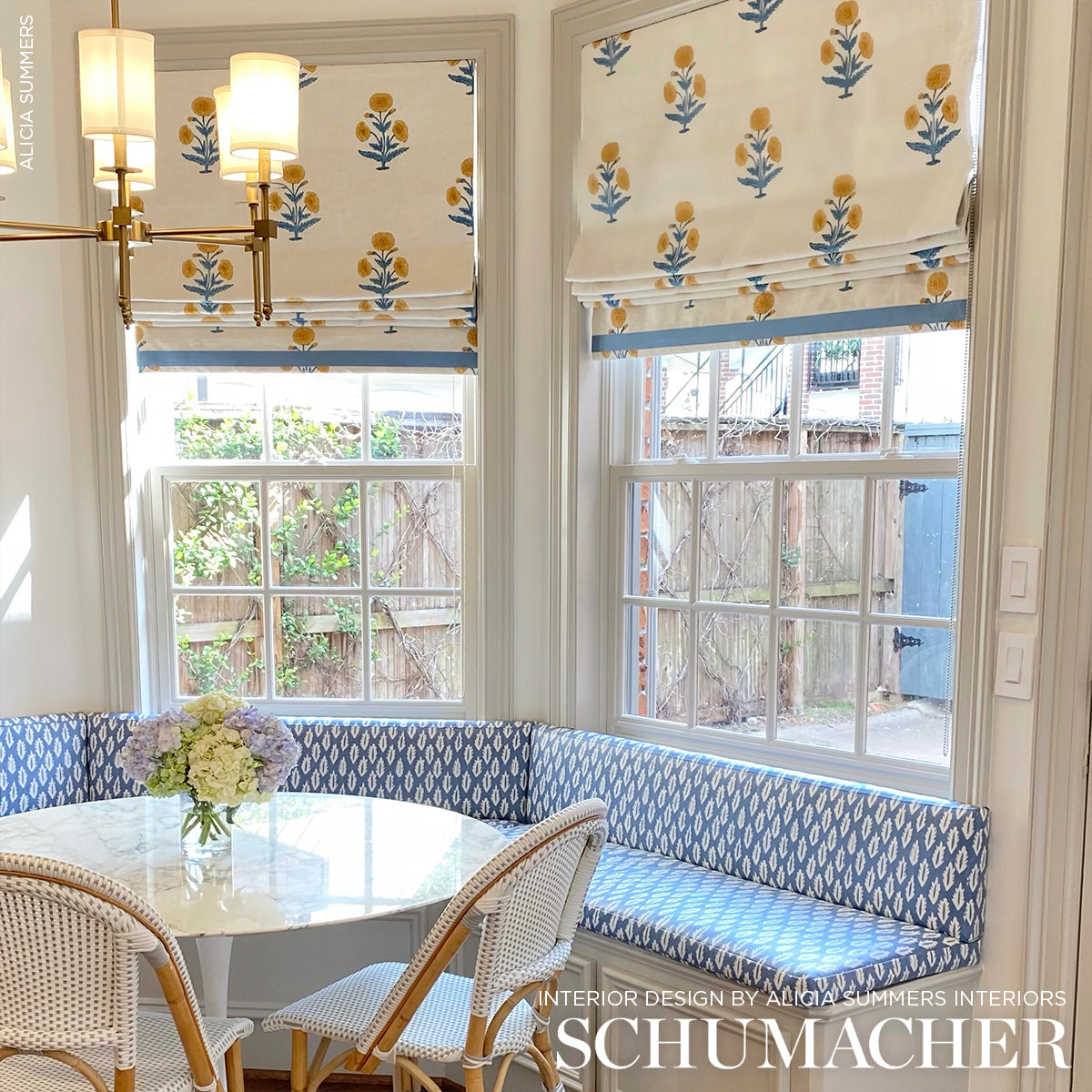 Schumacher Poppy Hand Block Print Mustard & Sky Fabric - Eade's Wallpaper