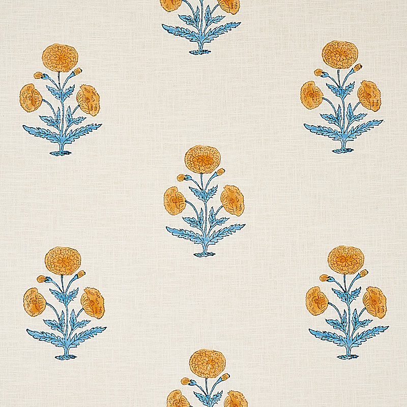Schumacher Poppy Hand Block Print Mustard & Sky Fabric - Eade's Wallpaper