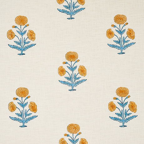 Schumacher Poppy Hand Block Print Mustard & Sky Fabric - Eade's Wallpaper