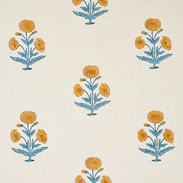 Schumacher Poppy Hand Block Print Mustard & Sky Fabric - Eade's Wallpaper