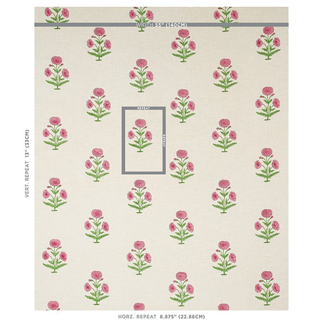 Schumacher Poppy Hand Block Print Rose & Grass Fabric - Eade's Wallpaper