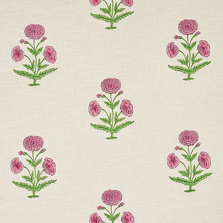 Schumacher Poppy Hand Block Print Rose & Grass Fabric - Eade's Wallpaper