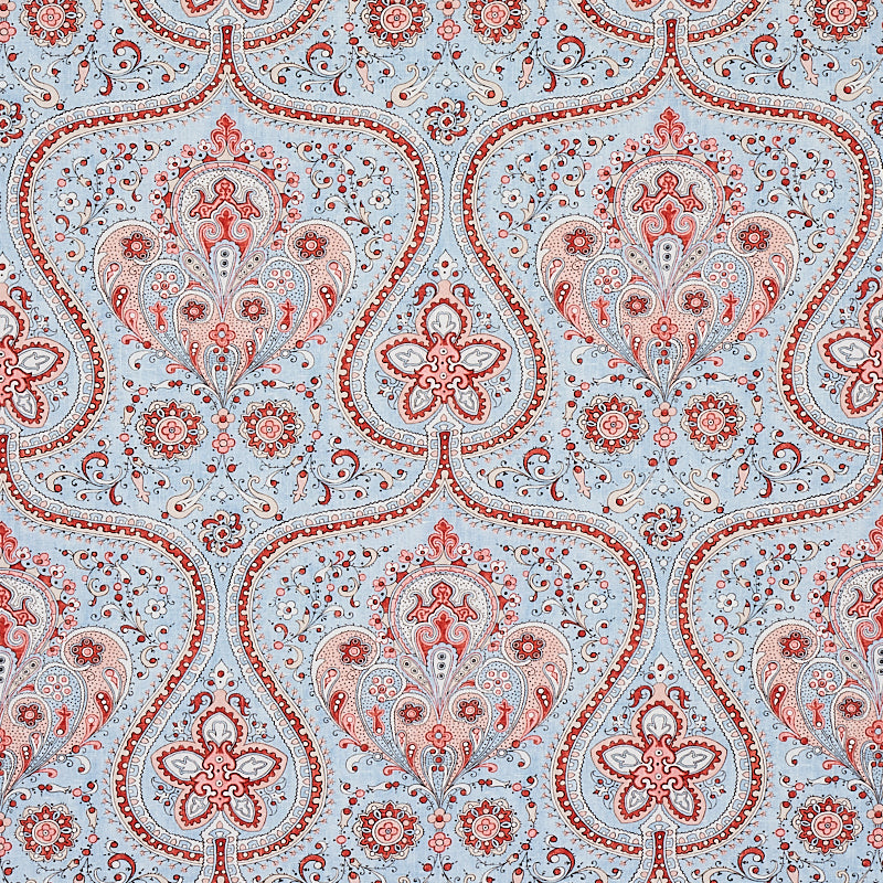 Schumacher Paisley Court Sky & Rose Fabric - Eade's Wallpaper