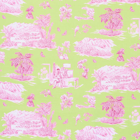 Schumacher Toussaint Toile Pink & Green Fabric - Eade's Wallpaper