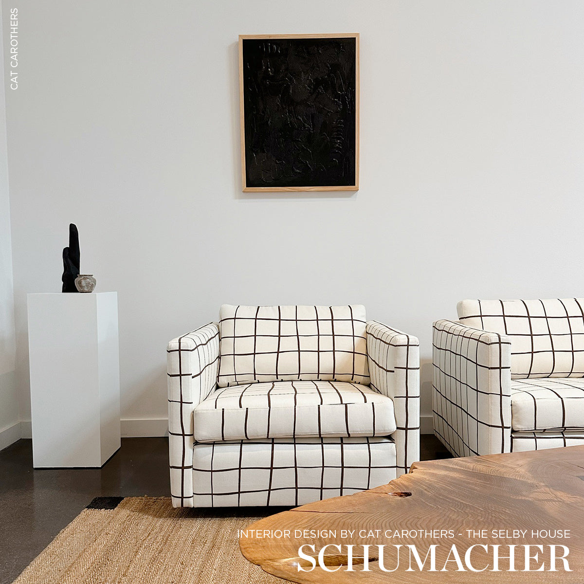 Schumacher Painterly Windowpane Black Fabric - Eade's Wallpaper