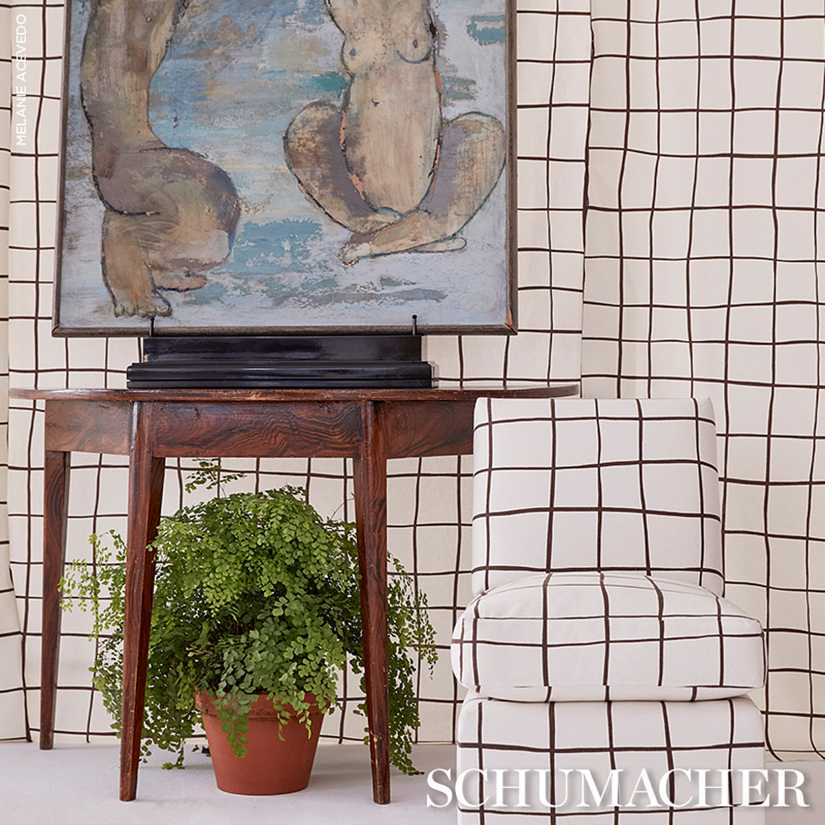 Schumacher Painterly Windowpane Brown Fabric - Eade's Wallpaper