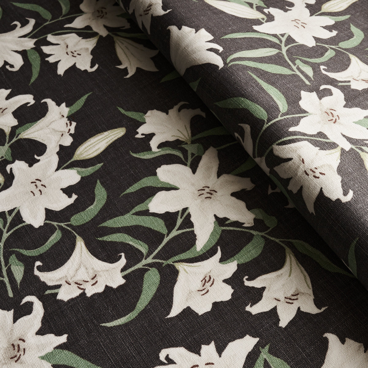 Schumacher Scattered Lilies Charcoal Fabric - Eade's Wallpaper