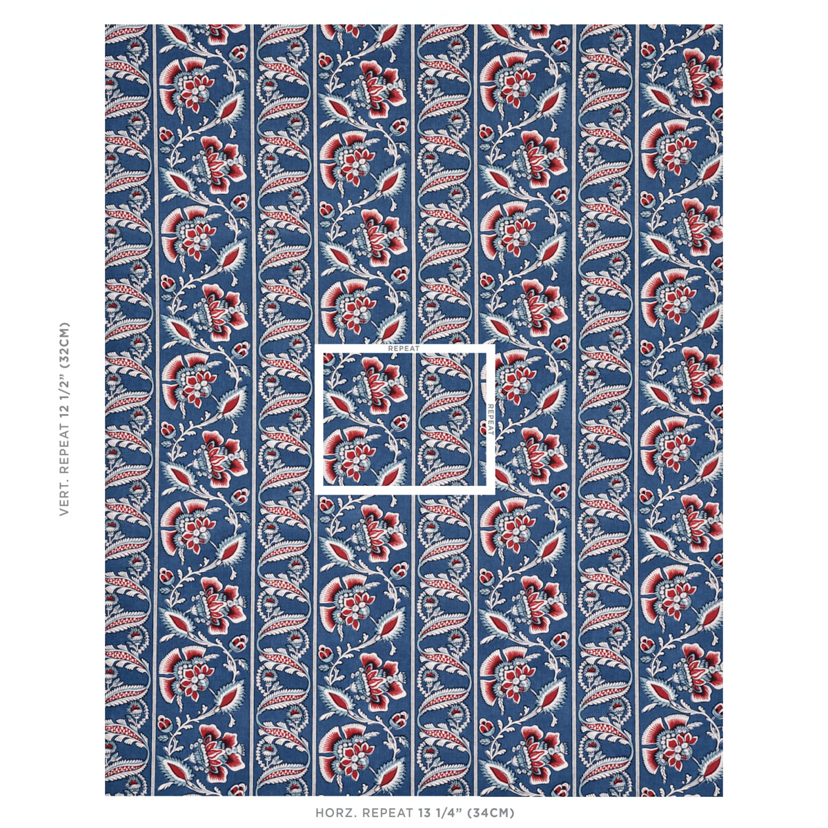 Schumacher Marielle Vine Denim & Red Fabric - Eade's Wallpaper