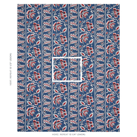 Schumacher Marielle Vine Denim & Red Fabric - Eade's Wallpaper