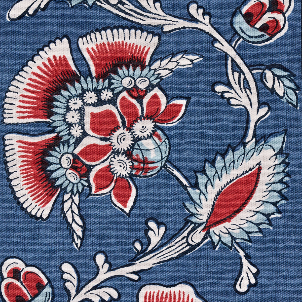 Schumacher Marielle Vine Denim & Red Fabric - Eade's Wallpaper