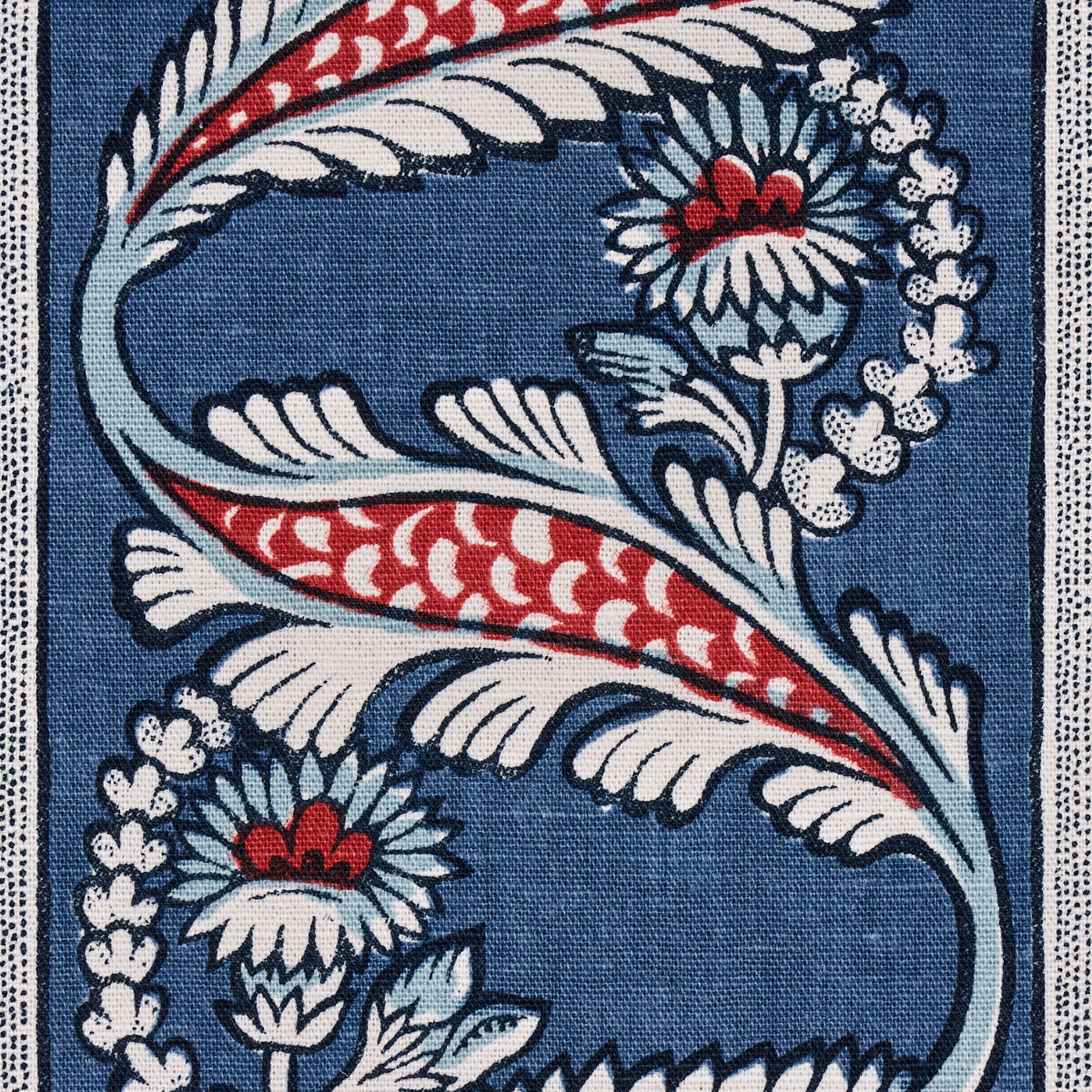 Schumacher Marielle Vine Denim & Red Fabric - Eade's Wallpaper
