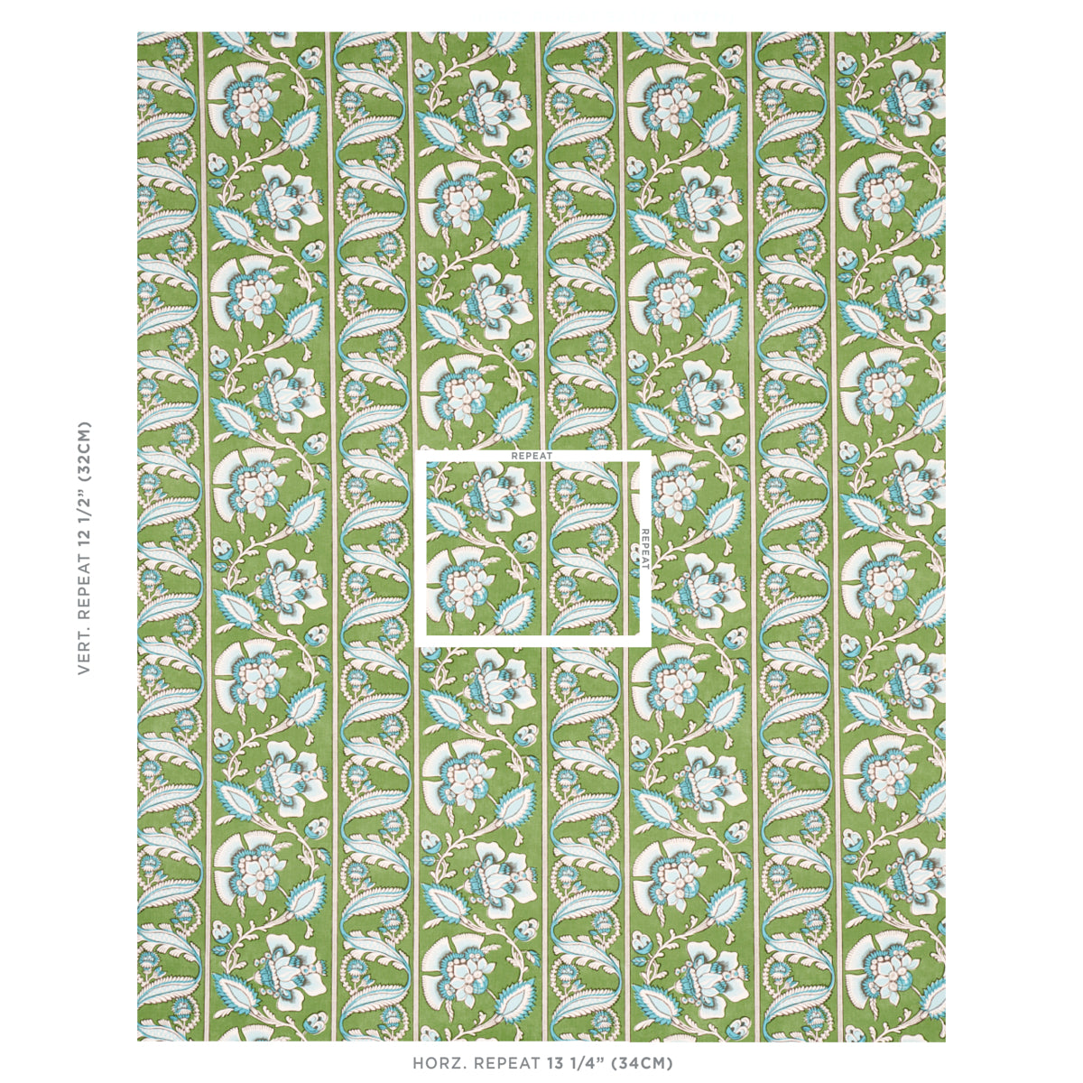 Schumacher Marielle Vine Green & Peacock Fabric - Eade's Wallpaper