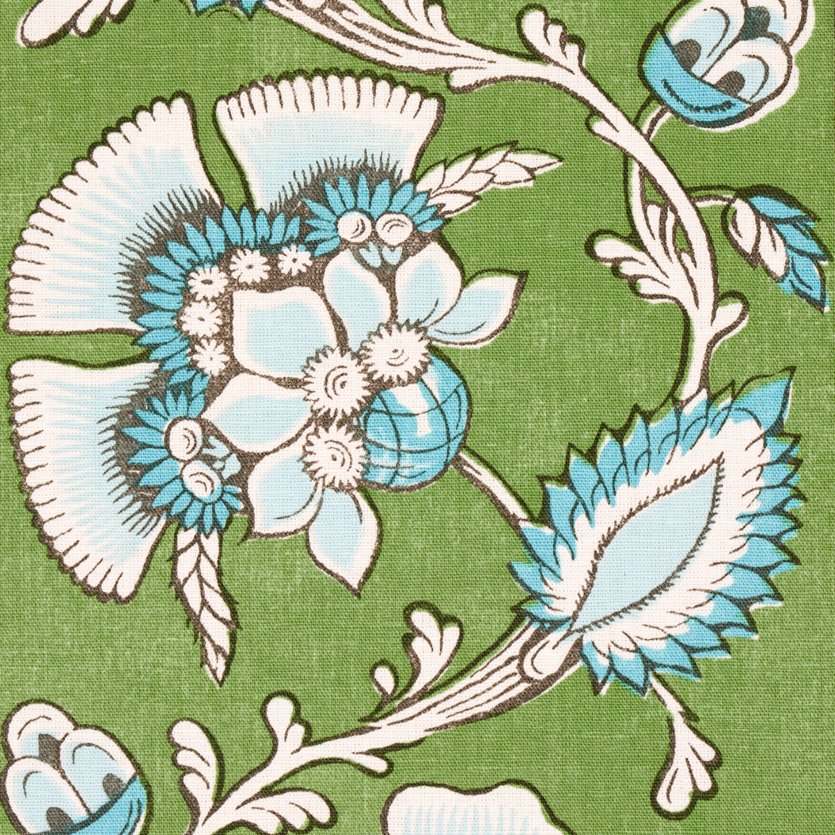 Schumacher Marielle Vine Green & Peacock Fabric - Eade's Wallpaper