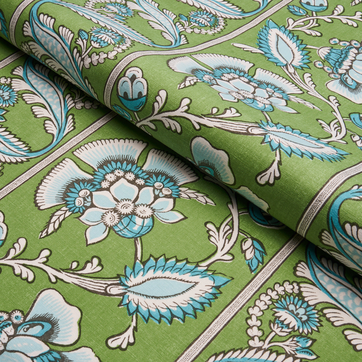 Schumacher Marielle Vine Green & Peacock Fabric - Eade's Wallpaper