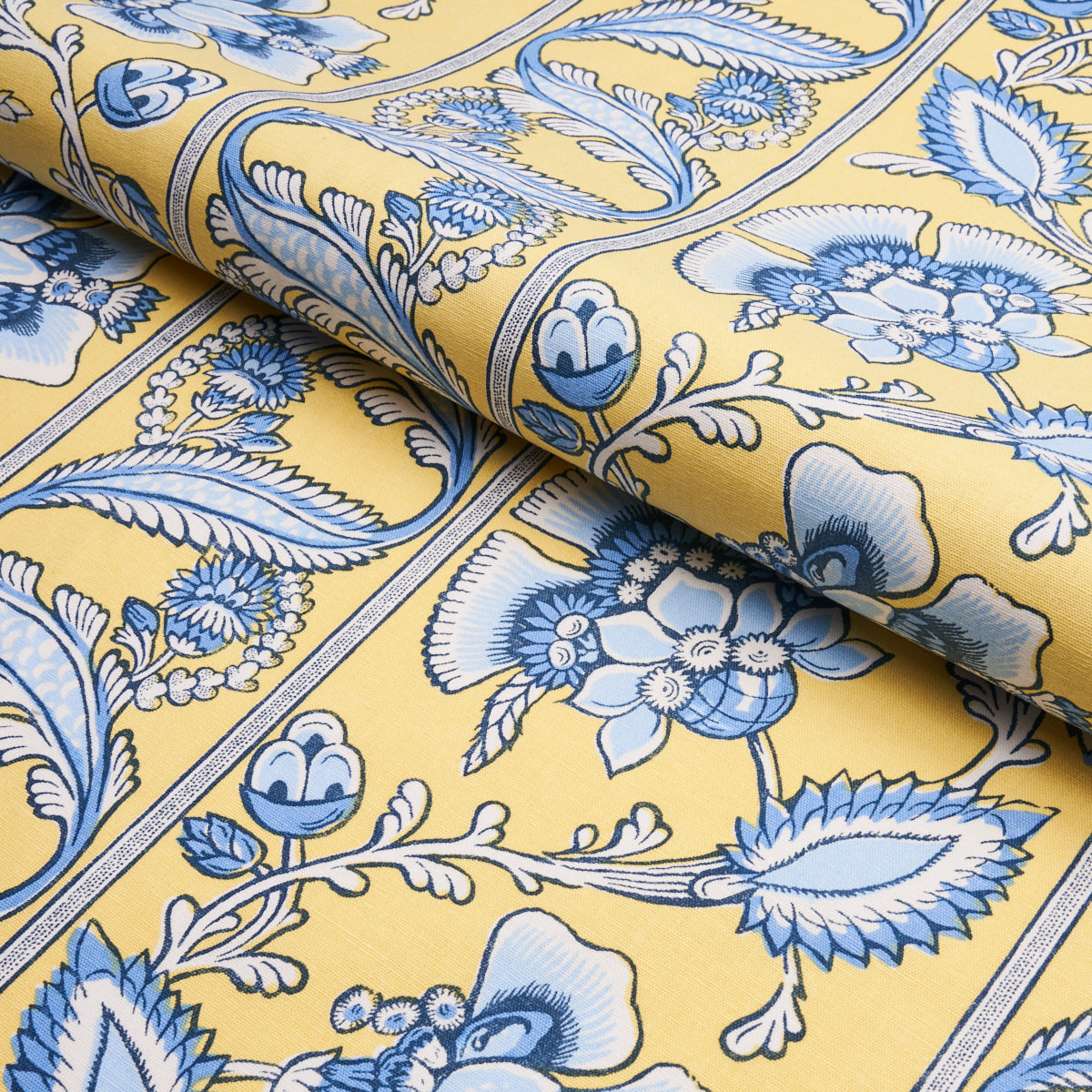 Schumacher Marielle Vine Yellow & Delft Fabric - Eade's Wallpaper