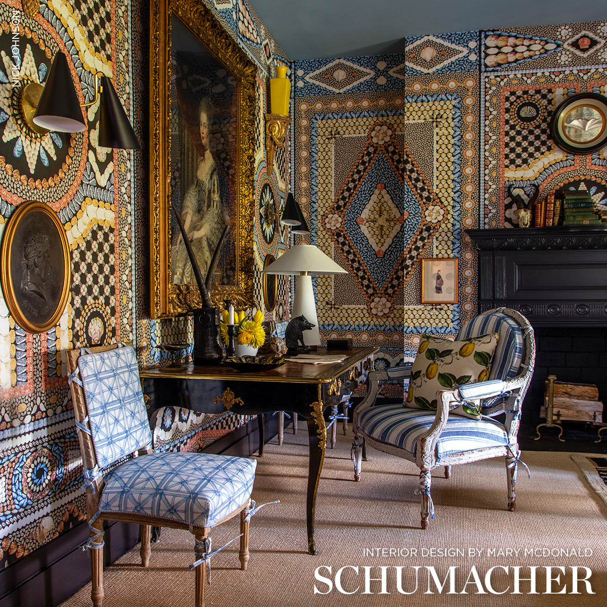 Schumacher Portail Francais Indoor/Outdoor Sky Fabric - Eade's Wallpaper