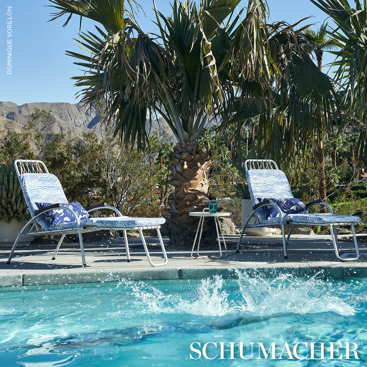 Schumacher Palisades Palm Indoor/Outdoor Indigo Fabric - Eade's Wallpaper