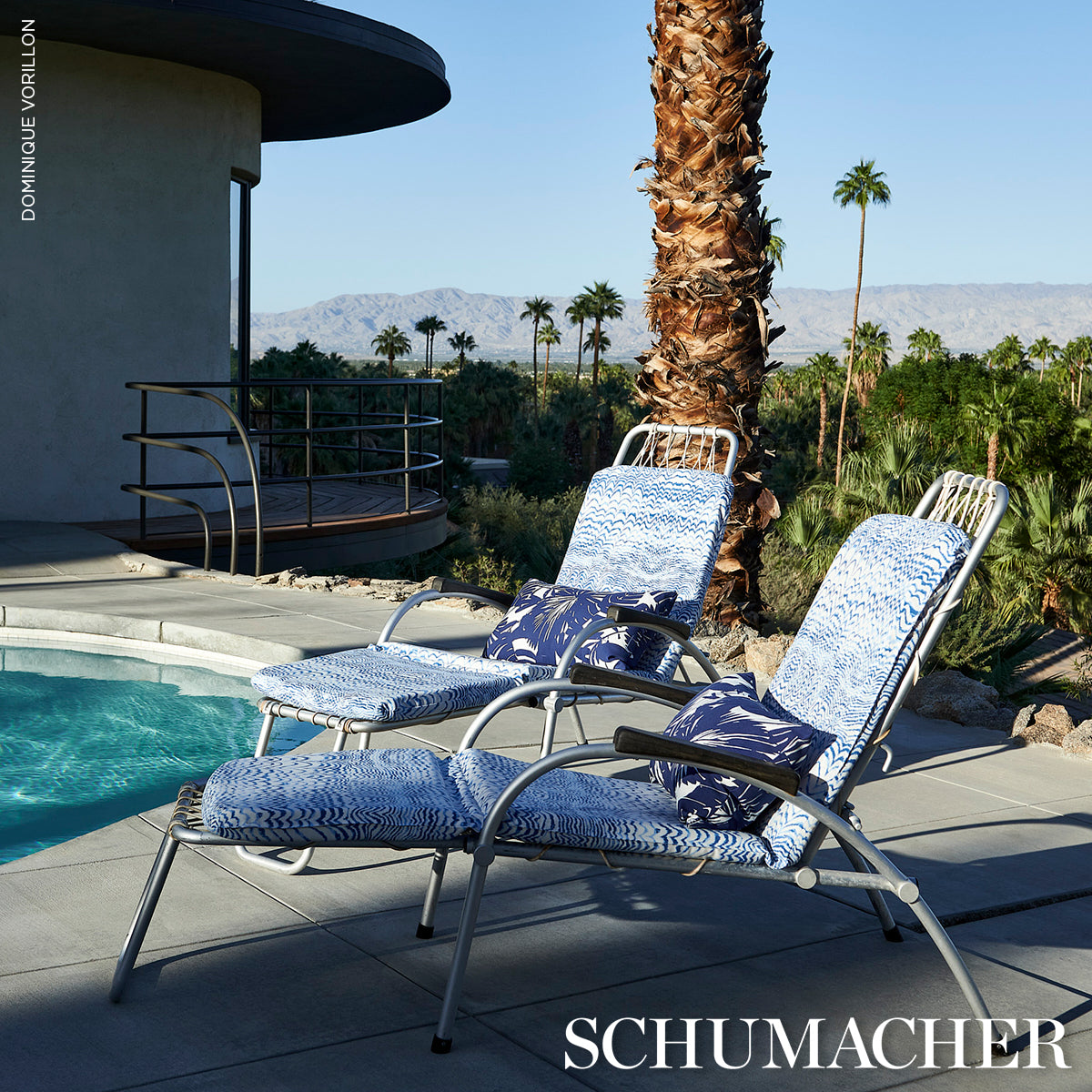 Schumacher Palisades Palm Indoor/Outdoor Indigo Fabric - Eade's Wallpaper