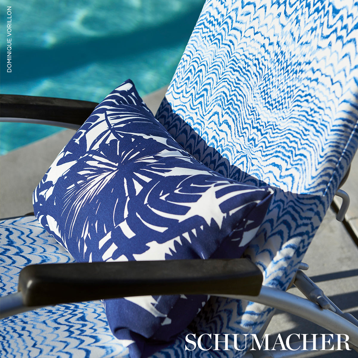 Schumacher Palisades Palm Indoor/Outdoor Indigo Fabric - Eade's Wallpaper