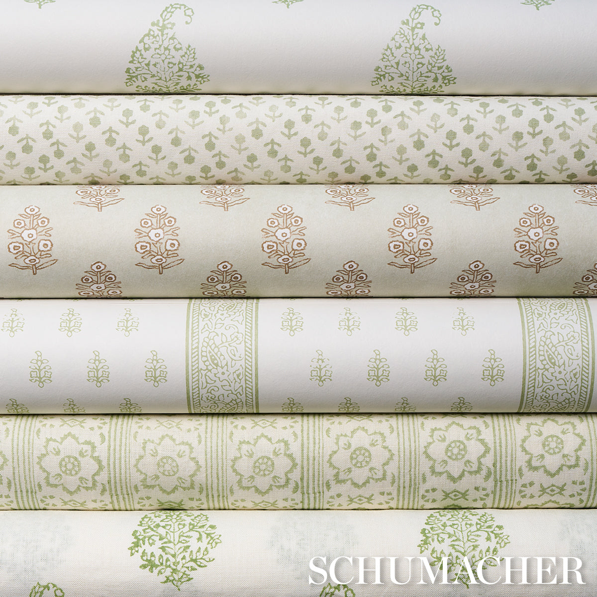 Schumacher Sunda Hand Blocked Print Sage Fabric - Eade's Wallpaper