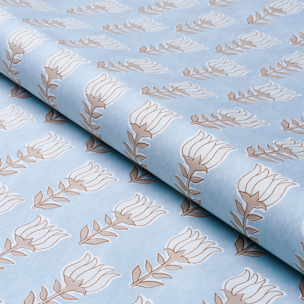 Schumacher Mia Tulip Sky & Sand Fabric - Eade's Wallpaper