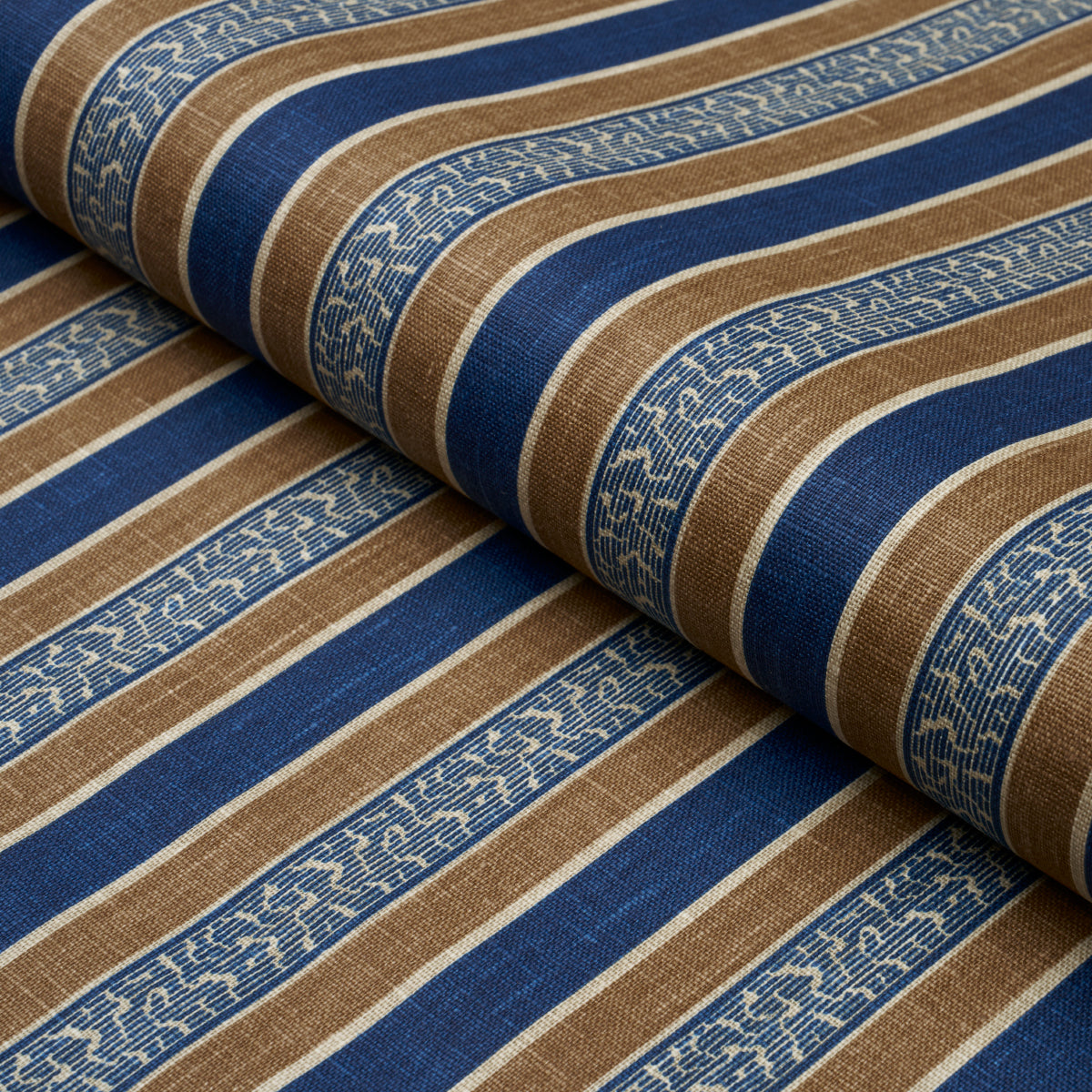 Schumacher Auguste Stripe Marine & Cognac Fabric