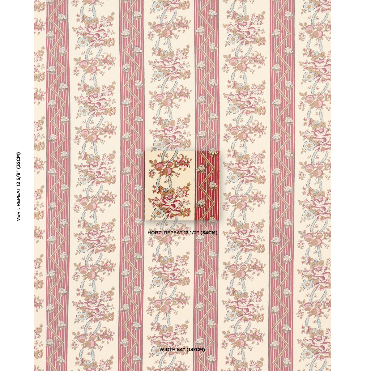 Schumacher Sylvain Floral Stripe Rouge Fabric - Eade's Wallpaper