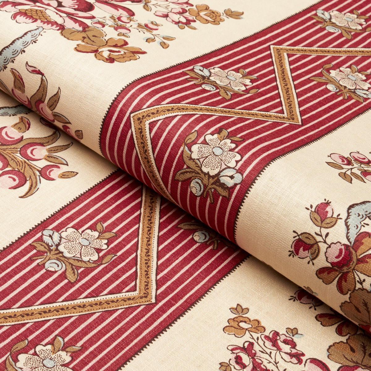 Schumacher Sylvain Floral Stripe Rouge Fabric - Eade's Wallpaper