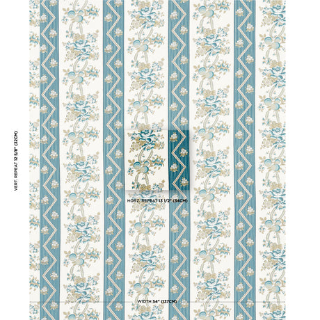 Schumacher Sylvain Floral Stripe Teal Fabric - Eade's Wallpaper