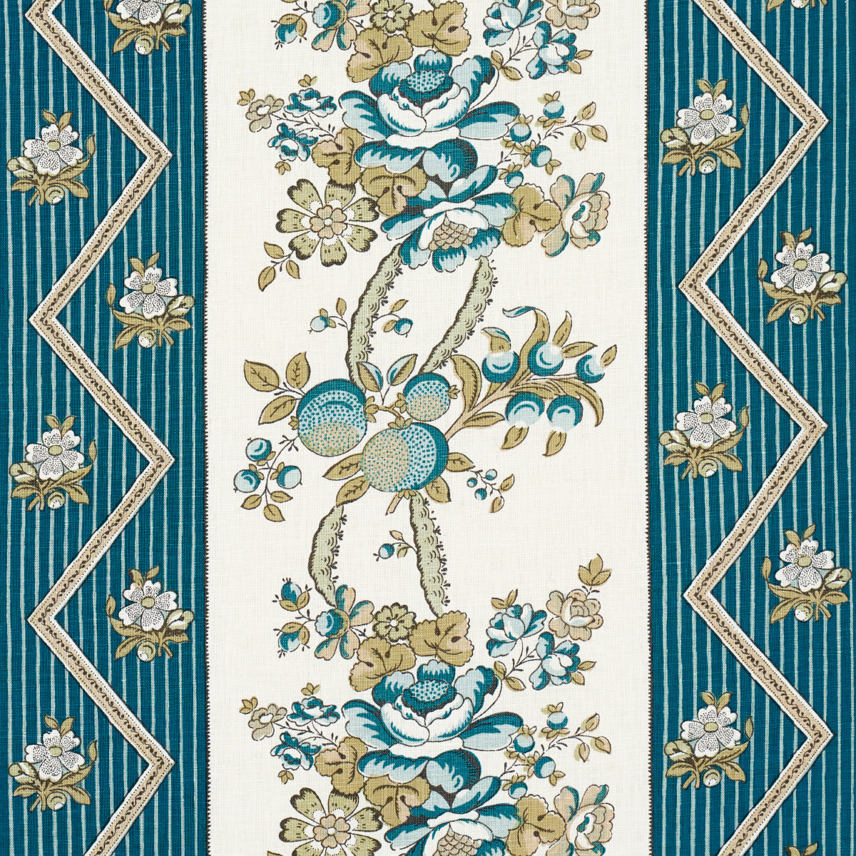 Schumacher Sylvain Floral Stripe Teal Fabric - Eade's Wallpaper