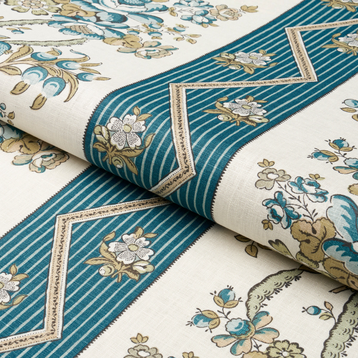 Schumacher Sylvain Floral Stripe Teal Fabric - Eade's Wallpaper