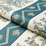 Schumacher Sylvain Floral Stripe Teal Fabric - Eade's Wallpaper