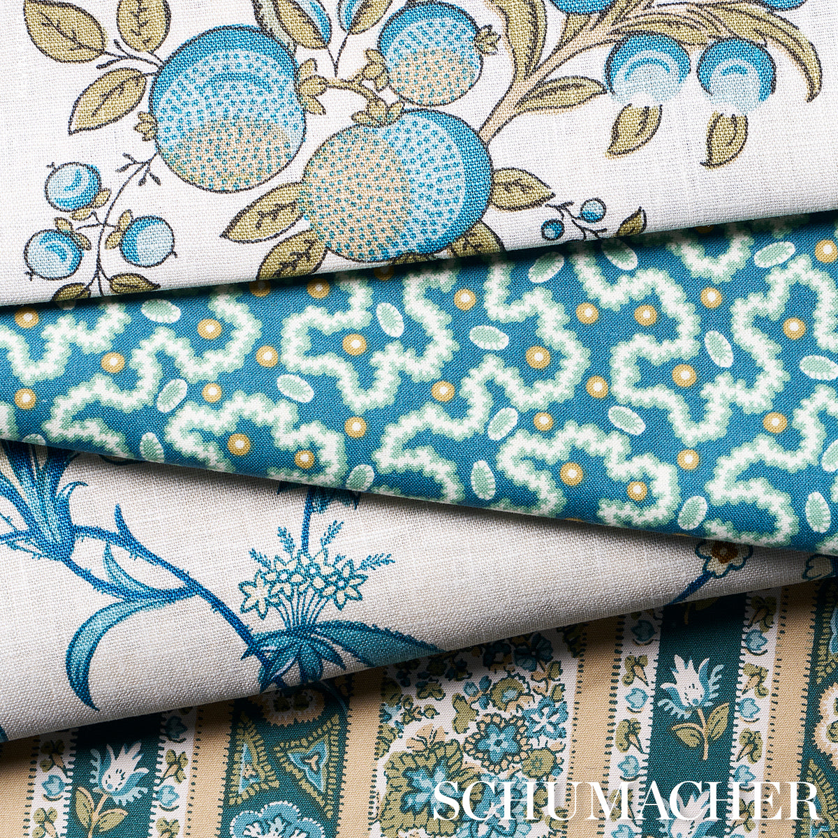 Schumacher Sylvain Floral Stripe Teal Fabric - Eade's Wallpaper
