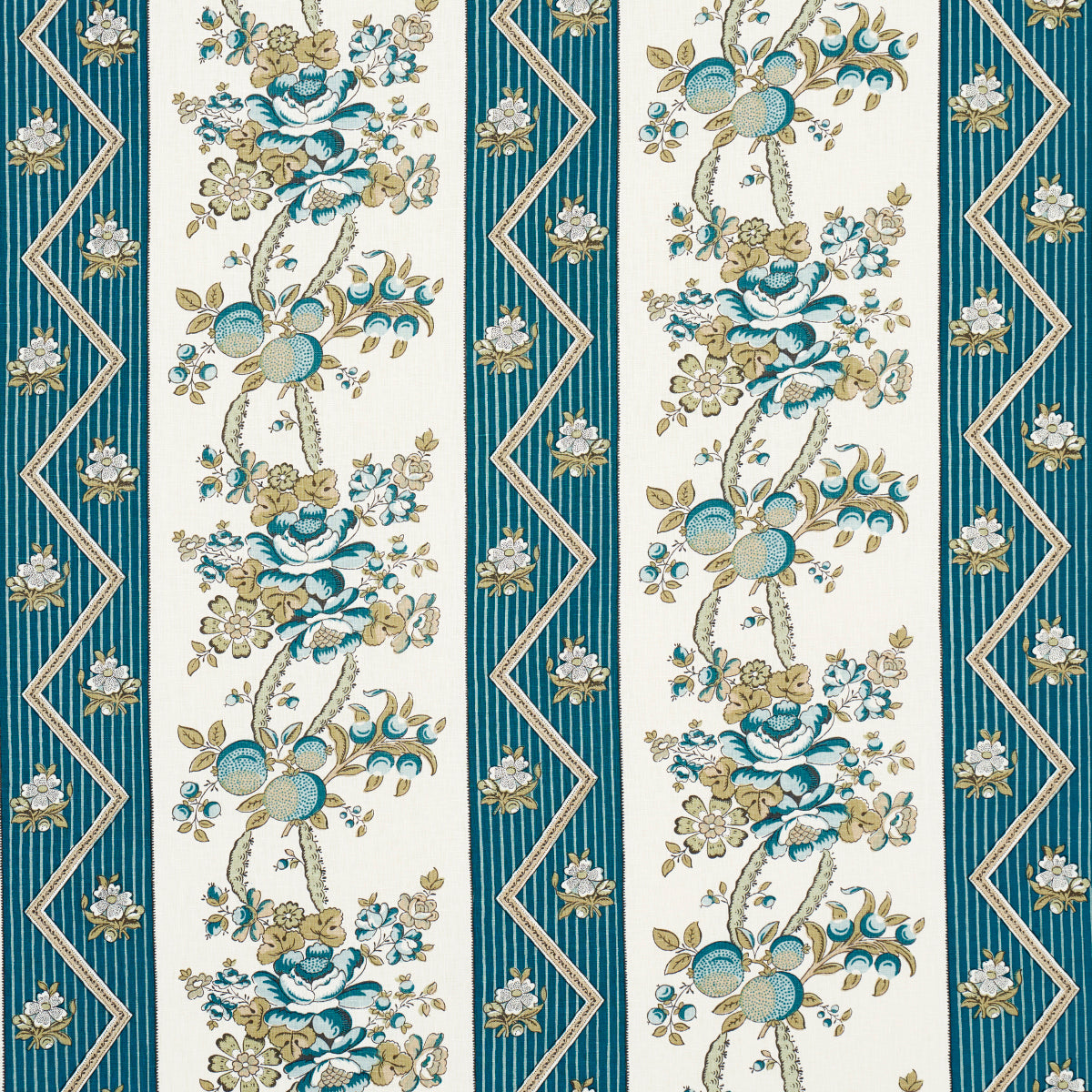 Schumacher Sylvain Floral Stripe Teal Fabric - Eade's Wallpaper