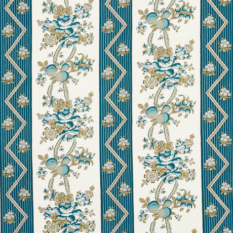 Schumacher Sylvain Floral Stripe Teal Fabric - Eade's Wallpaper