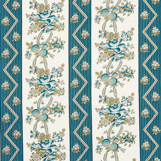 Schumacher Sylvain Floral Stripe Teal Fabric - Eade's Wallpaper